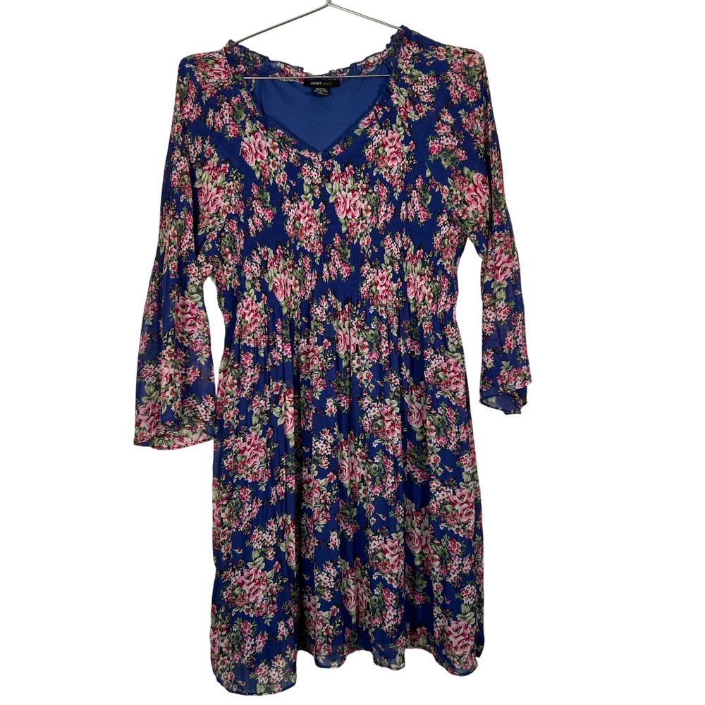 Robert Louis Floral Smocked‎ Mini Dress Blue Pink Rose Bell Sleeve XL